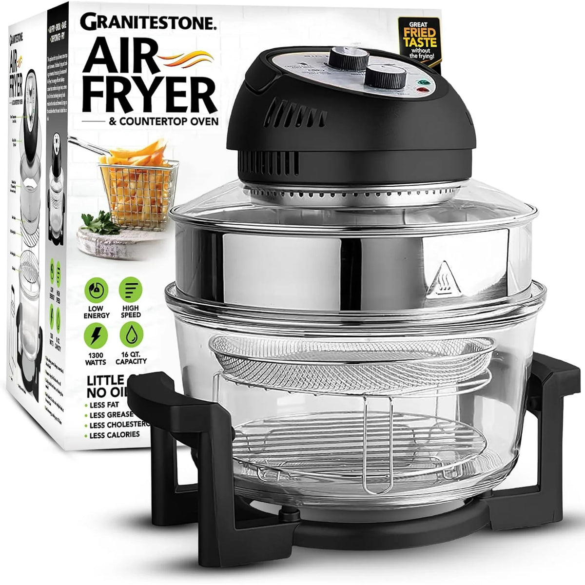 Big Boss Air Fryer Toaster Oven Combo 16Qt Kitchen Countertop Convection Rotisserie 1300W Large Glass Bowl Black by Granitestone
